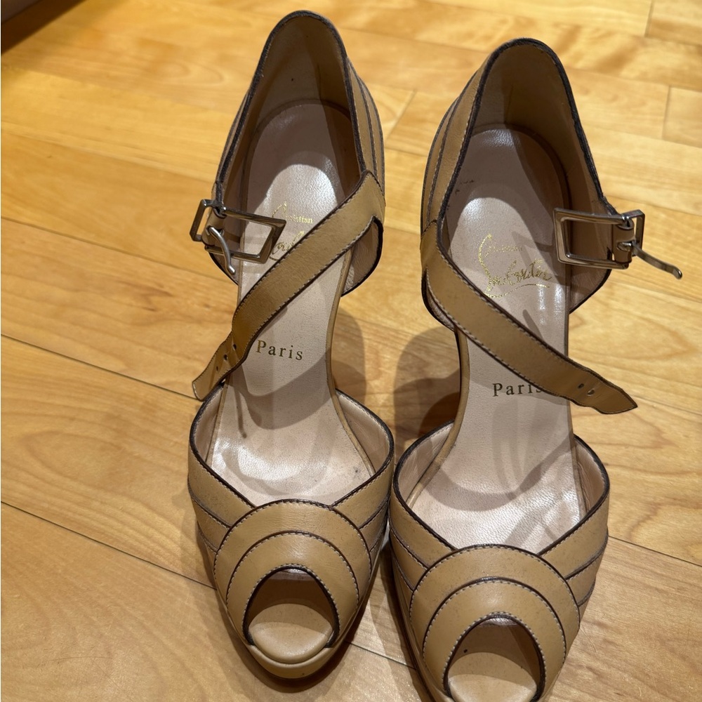 Christian Louboutin Tan Leather Peep-Toe Ankle Strap Heels